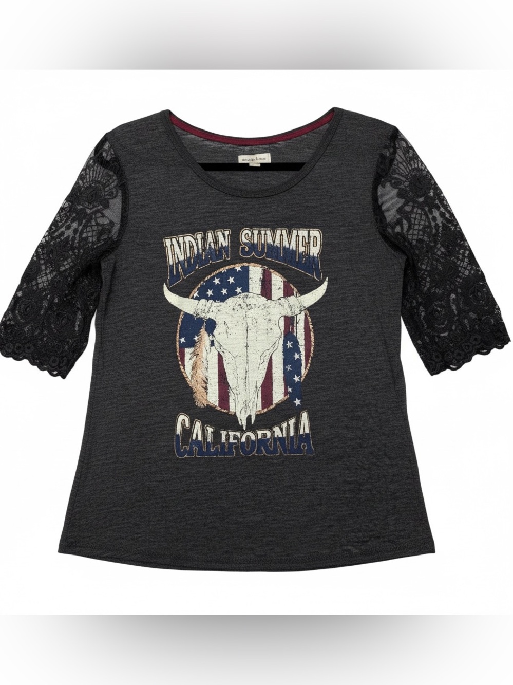 Taylor and Sage Lace Sleeves Gray Indian Summer California T-Shirt Sz S | GUC